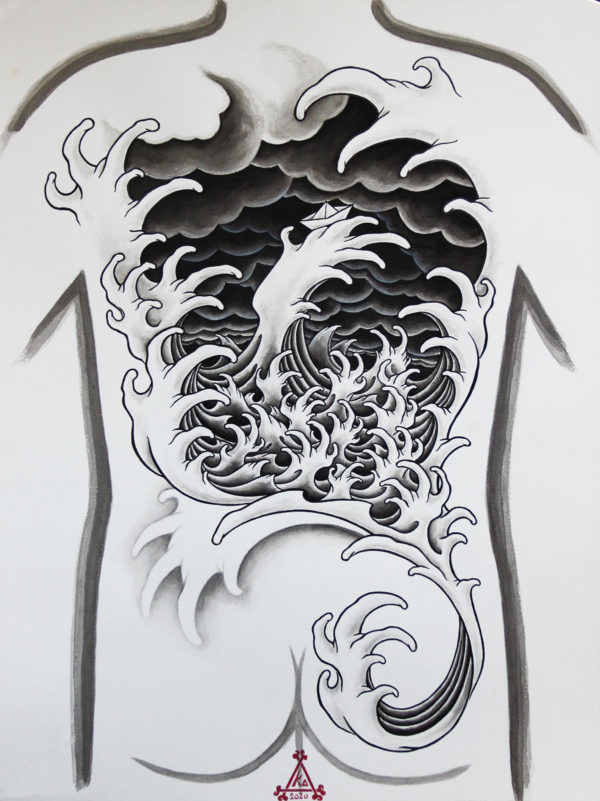 Flash géant : dessin de tatouage pour dos complet - vagues japonaises - bateau en papier - nuages noirs
