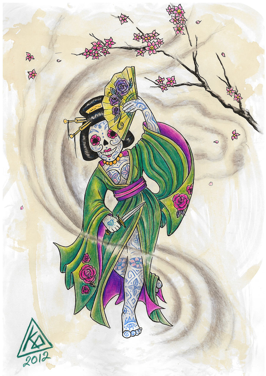 dessin original d'une calavera en geisha avec éventail et fleurs de cerisier