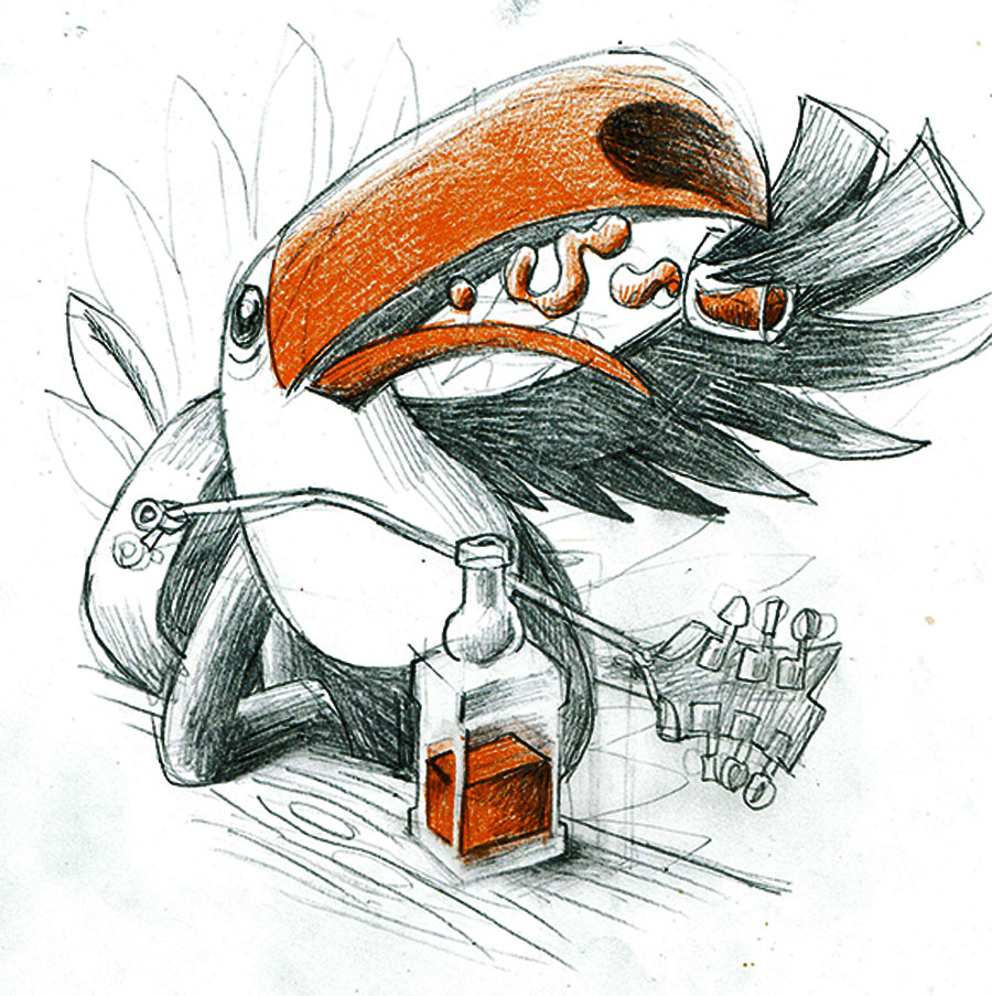 dessin du toucan qui boit un whisky modifié pour le tattoo