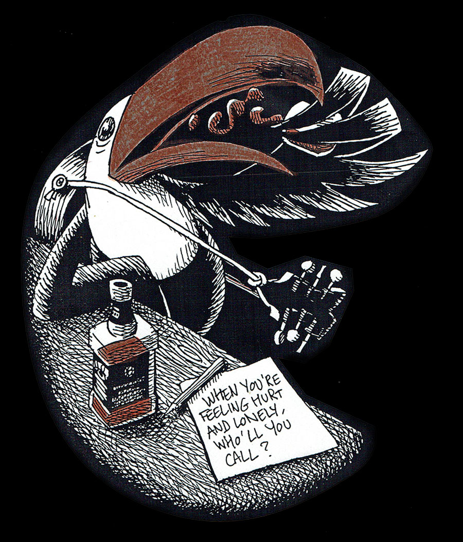 dessin d'un toucan guitariste qui boit un whisky créé par monsieur perkins pour un tee shirt